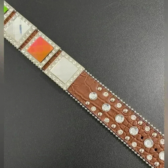 Vintage Western Leather Studded Rhinestone Belt Cowgirl New Boho Festival - Picture 4 of 10